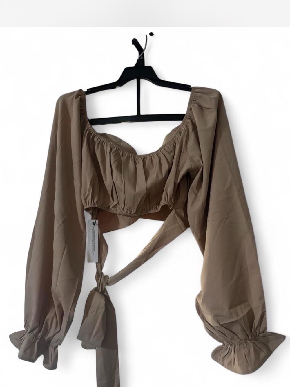 Tie-Front Crop Top in Taupe with Puff Sleeves